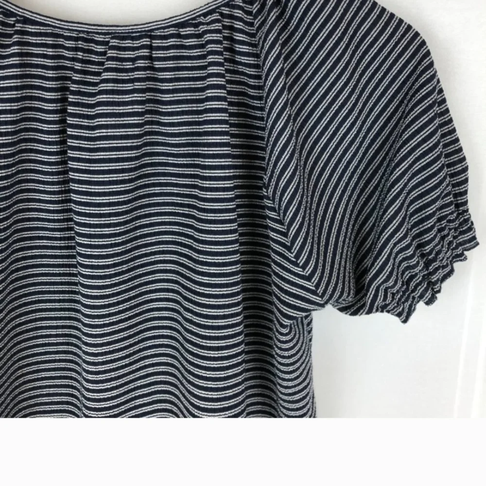 Madewell NWT Blue White Striped Smocked Neck Puff Sleeve Casual Coastal Top Med.